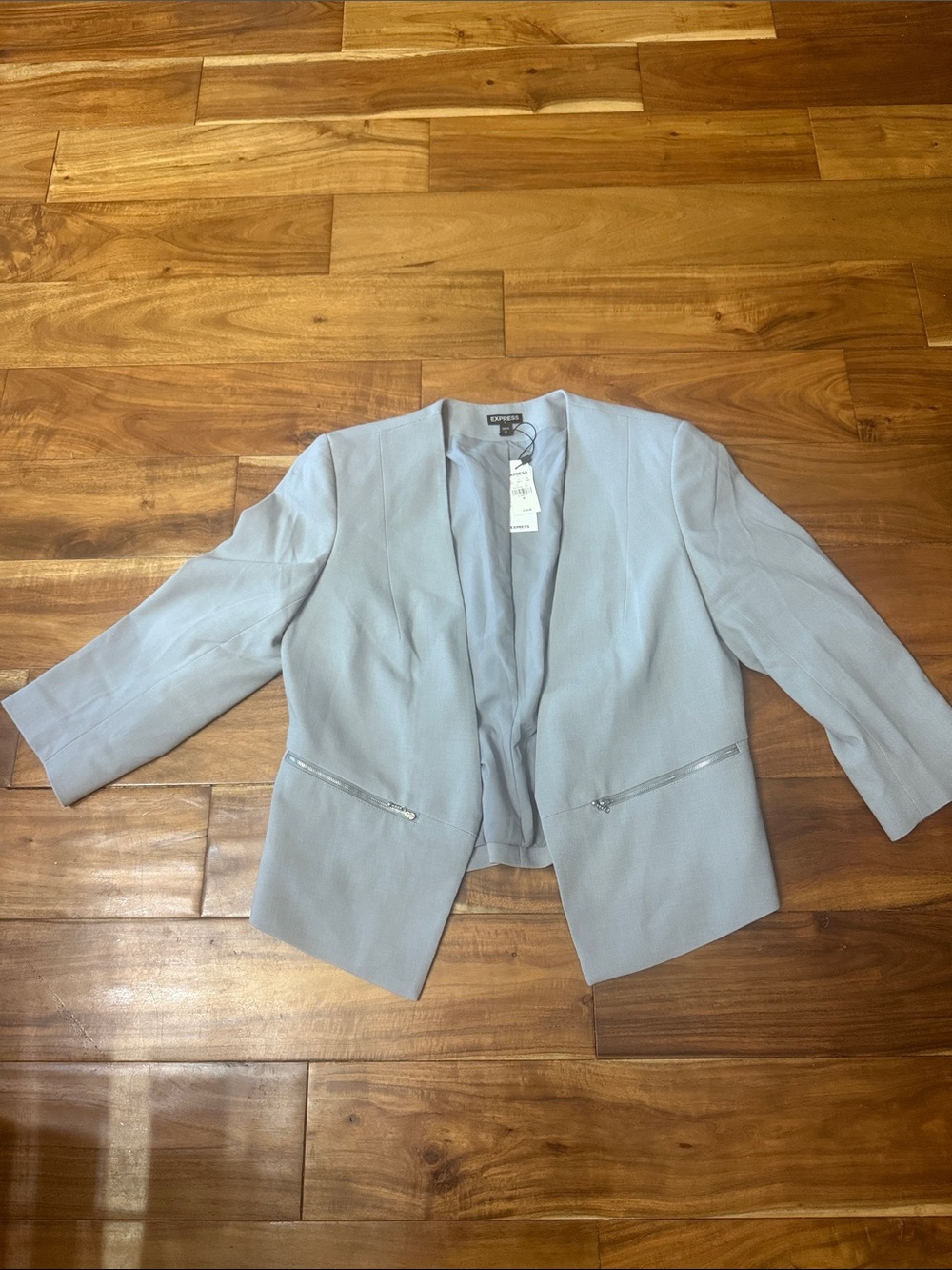 Express Light Blue Open-Front Blazer with Zip Pockets